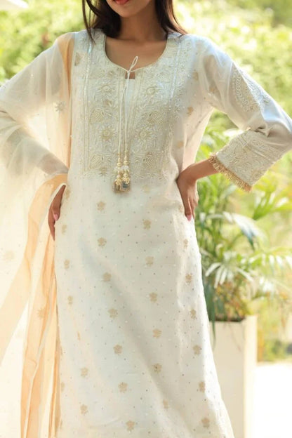 White Banarasi Zari Chanderi Chikankari Sharara Set