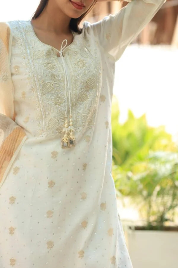 White Banarasi Zari Chanderi Chikankari Sharara Set