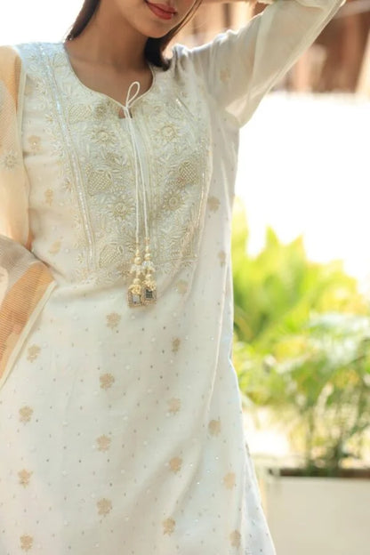White Banarasi Zari Chanderi Chikankari Sharara Set
