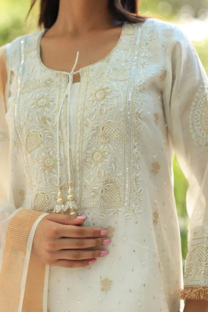White Banarasi Zari Chanderi Chikankari Sharara Set