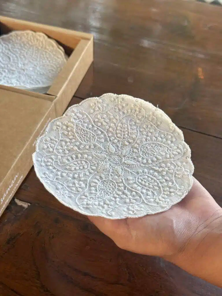 White Chikankari With Sequins Table Coasters (Set of 6 Pcs)