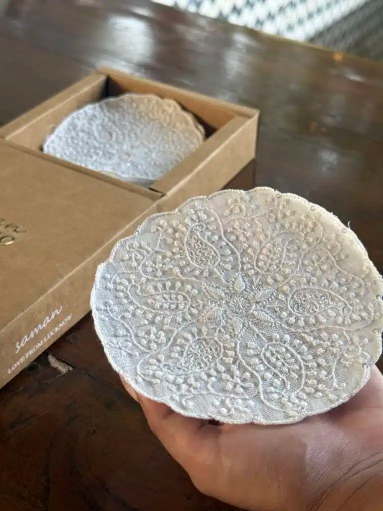 White Chikankari With Sequins Table Coasters (Set of 6 Pcs)