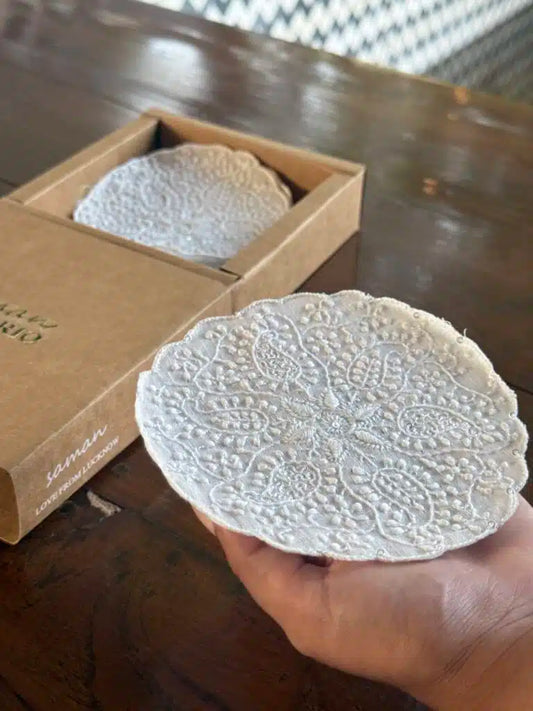 White Chikankari With Sequins Table Coasters (Set of 6 Pcs)