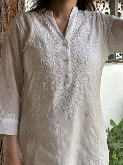 White Cotton Chikankari Short Top