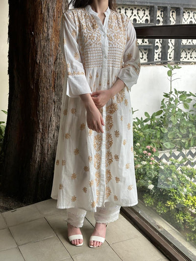 White Cotton Gathered Chikankari Kurta