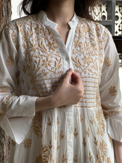 White Cotton Gathered Chikankari Kurta