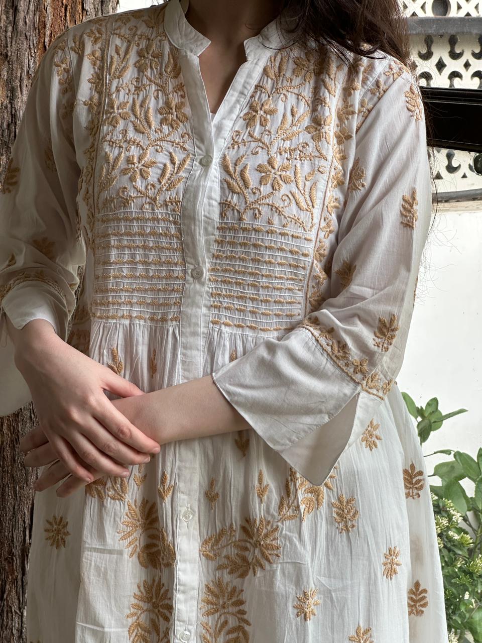 White Cotton Gathered Chikankari Kurta
