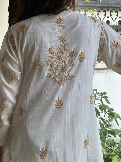 White Cotton Gathered Chikankari Kurta
