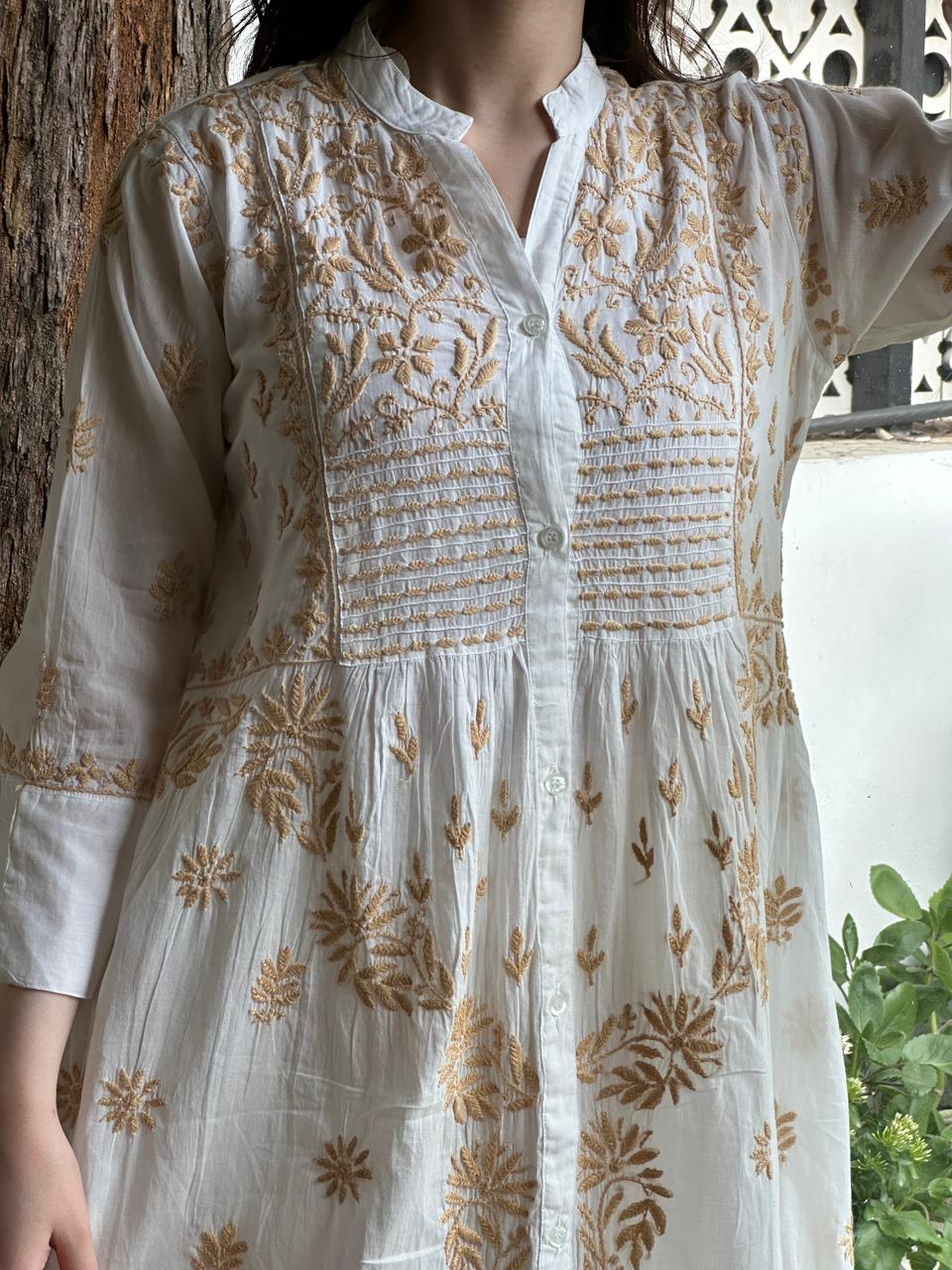 White Cotton Gathered Chikankari Kurta