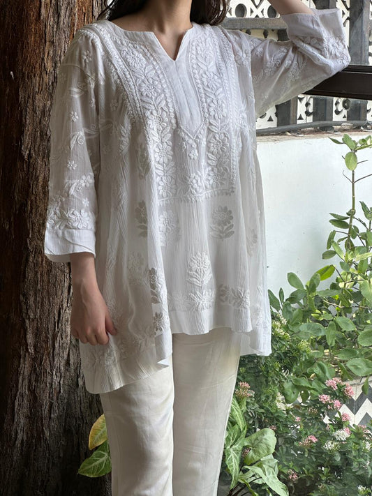 White Crinkle Cotton Chikankari Short Kurti