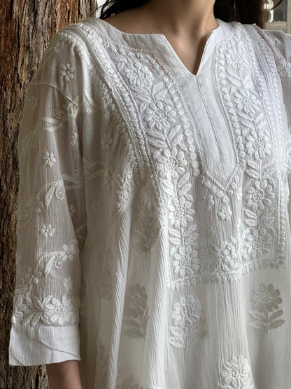 White Crinkle Cotton Chikankari Short Kurti