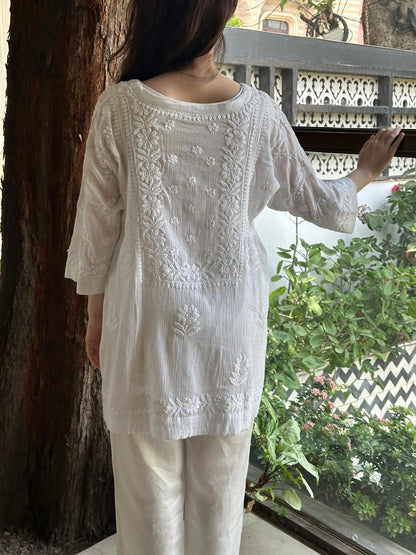 White Crinkle Cotton Chikankari Short Kurti