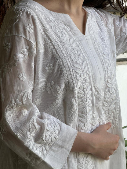 White Crinkle Cotton Chikankari Short Kurti
