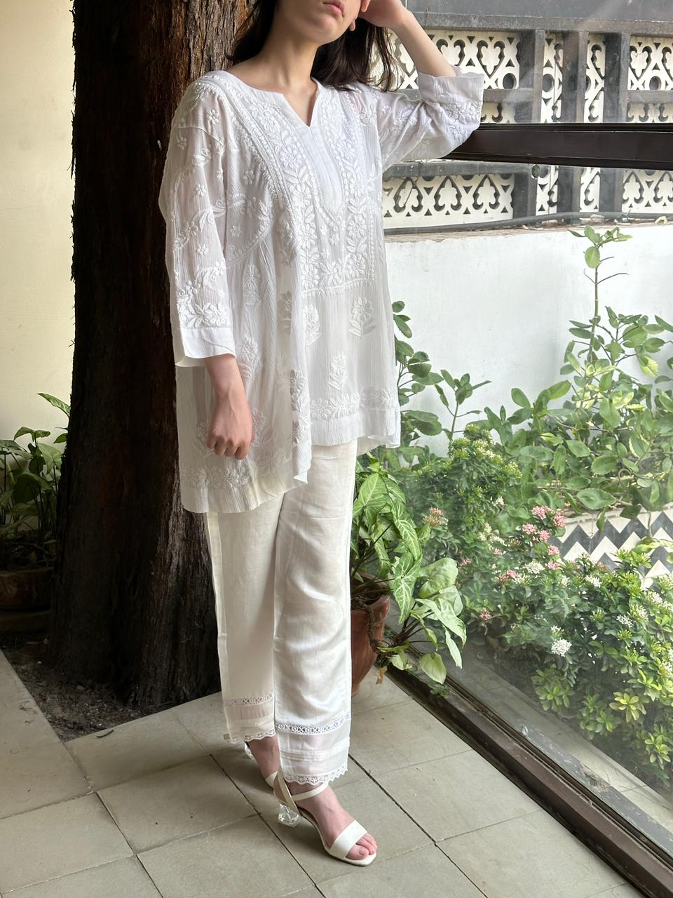 White Crinkle Cotton Chikankari Short Kurti