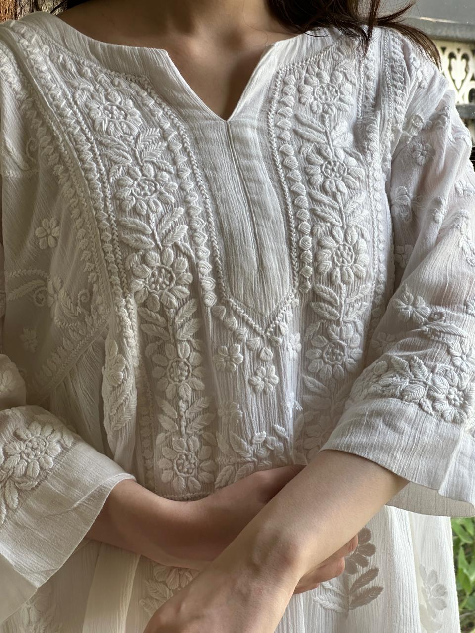White Crinkle Cotton Chikankari Short Kurti