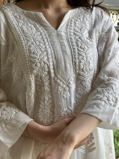 White Crinkle Cotton Chikankari Short Kurti
