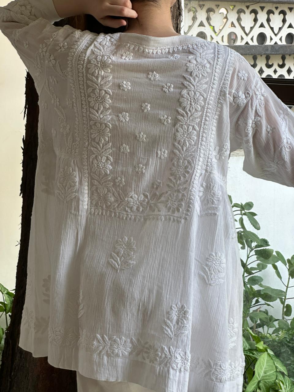 White Crinkle Cotton Chikankari Short Kurti