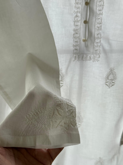 White Fine Chikankari Men's Cotton Kurta