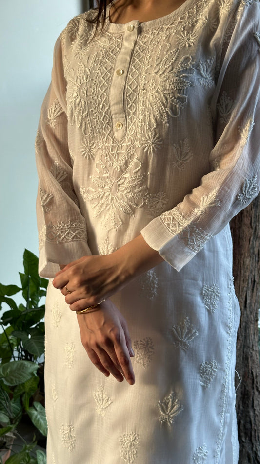 White Floral Kota Chikankari Kurta