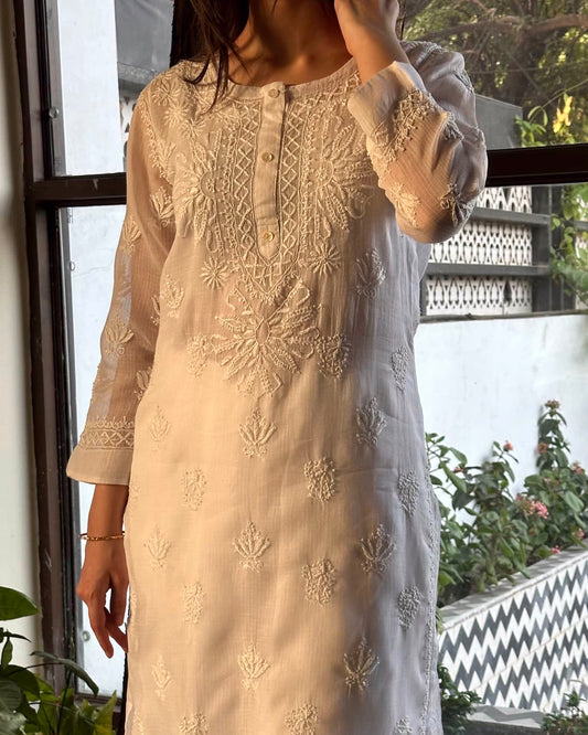 White Floral Kota Chikankari Kurta