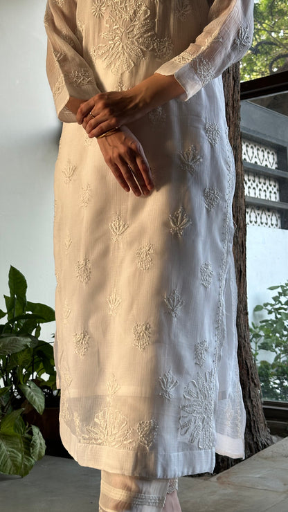 White Floral Kota Chikankari Kurta