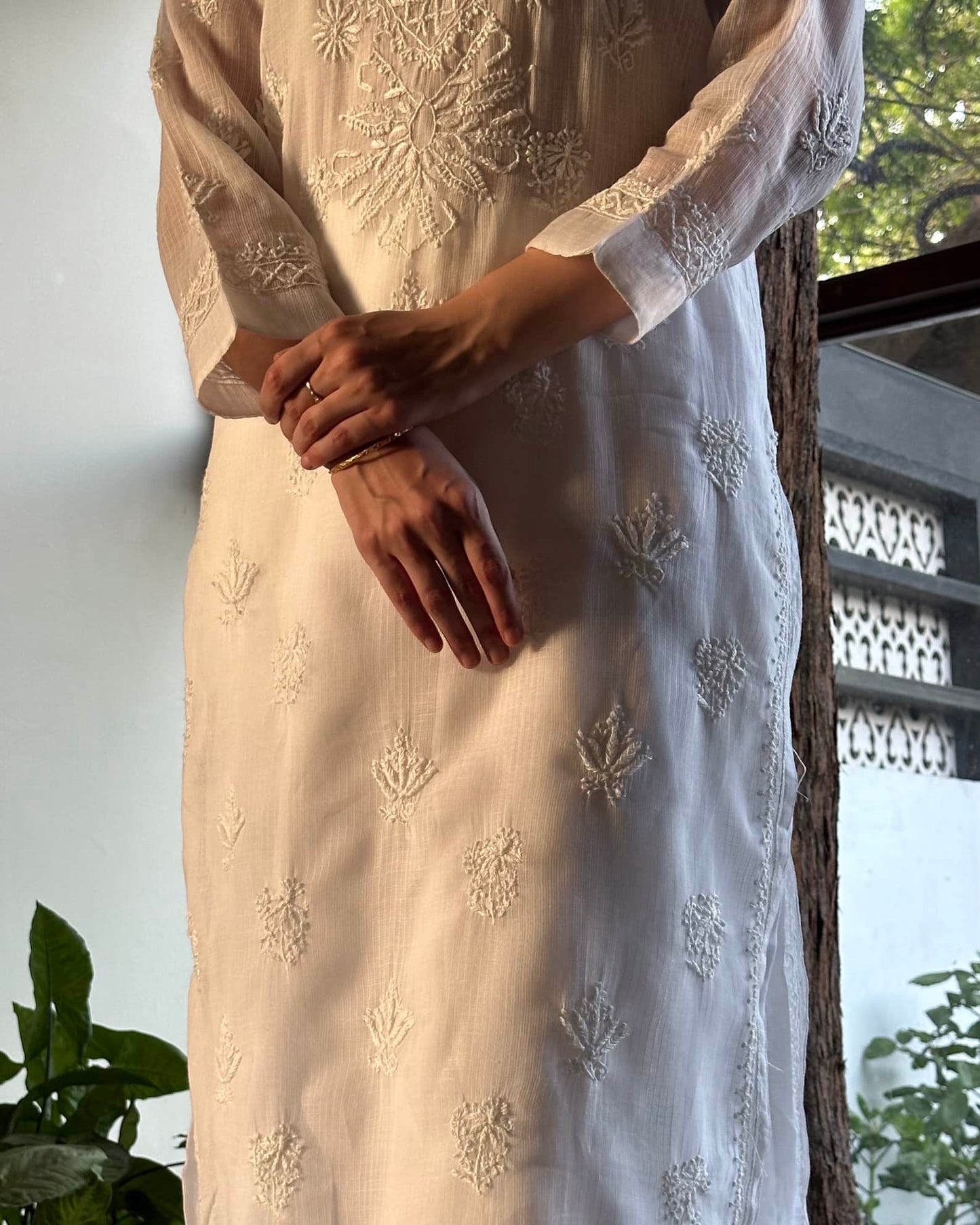 White Floral Kota Chikankari Kurta