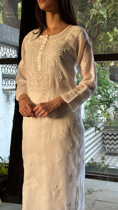 White Floral Kota Chikankari Kurta