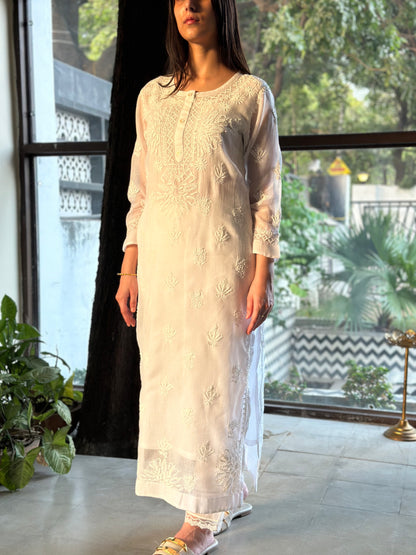 White Floral Kota Chikankari Kurta