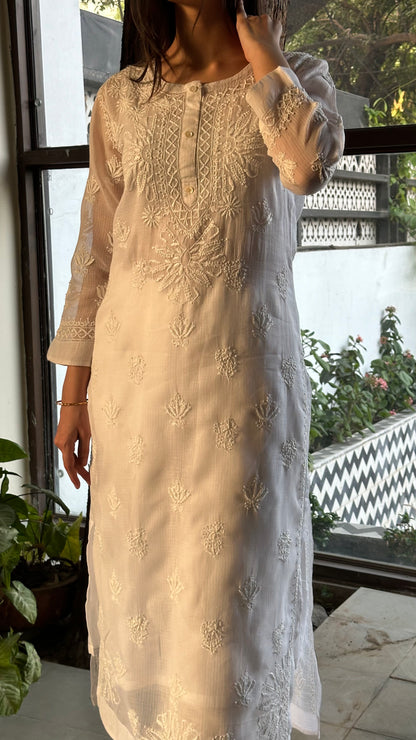 White Floral Kota Chikankari Kurta