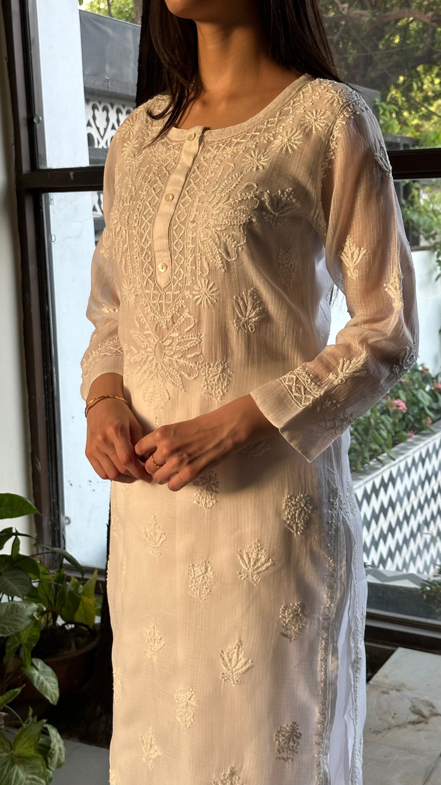 White Floral Kota Chikankari Kurta
