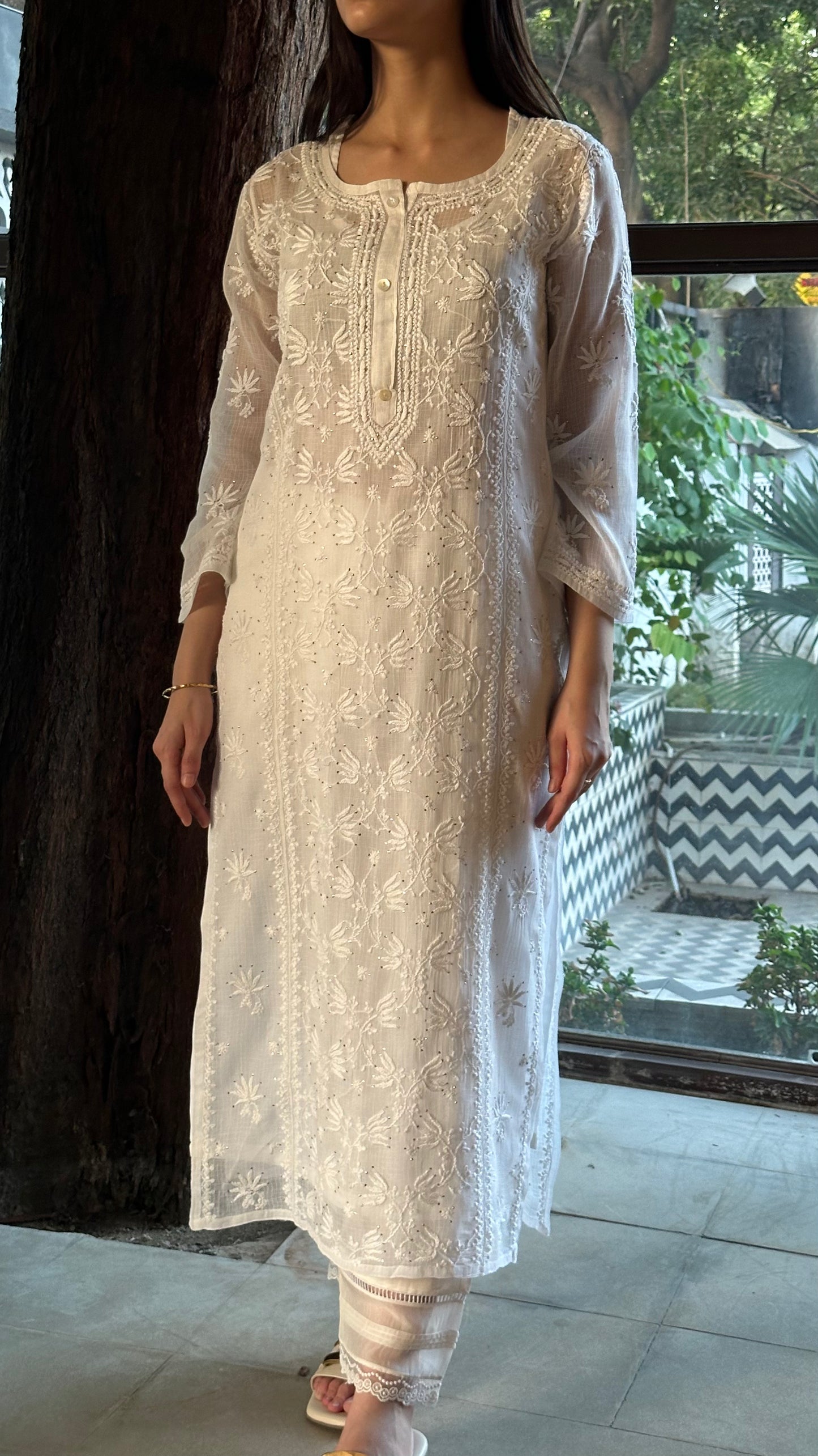 White Floral Kota Chikankari Ready To Wear Kurta