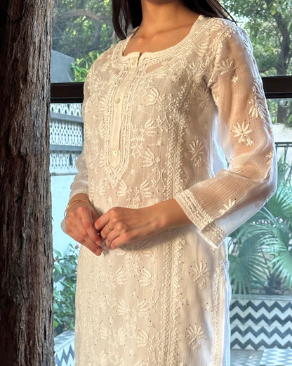 White Floral Kota Chikankari Ready To Wear Kurta