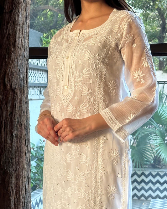 White Floral Kota Chikankari Ready To Wear Kurta