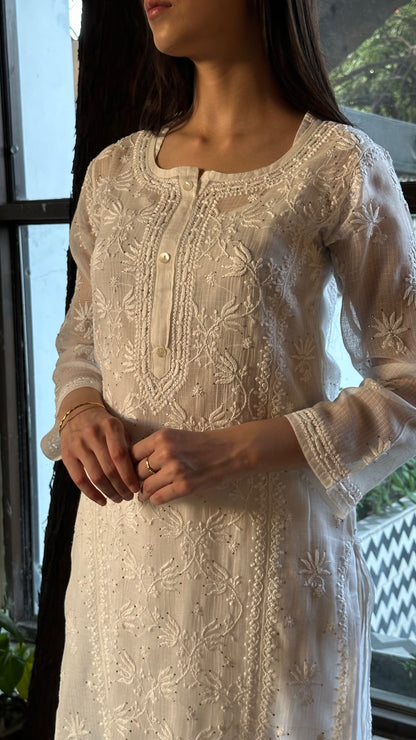 White Floral Kota Chikankari Ready To Wear Kurta