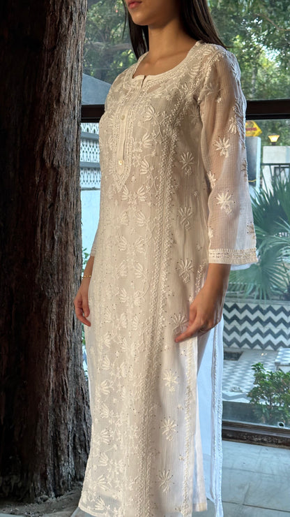 White Floral Kota Chikankari Ready To Wear Kurta