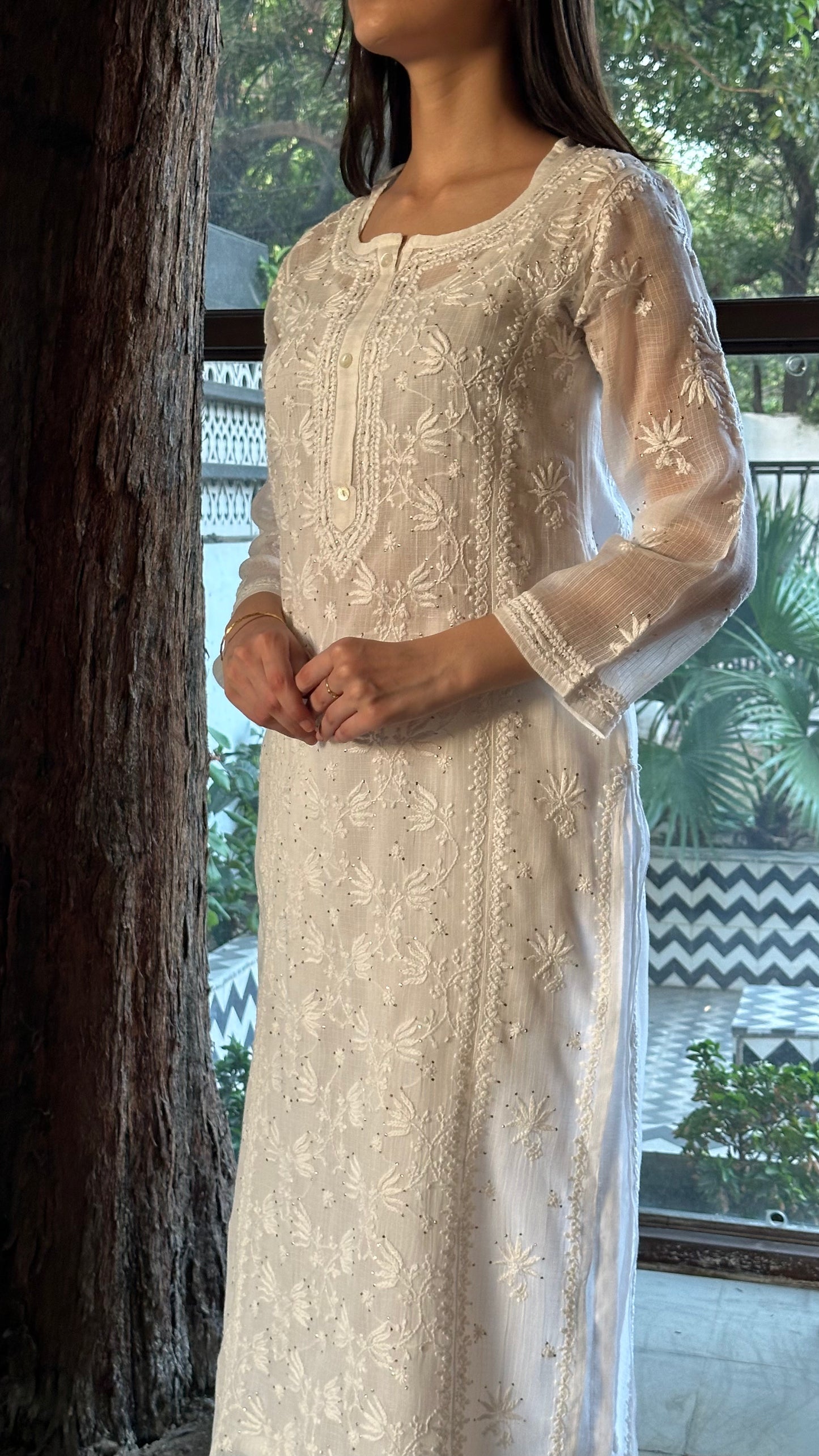 White Floral Kota Chikankari Ready To Wear Kurta