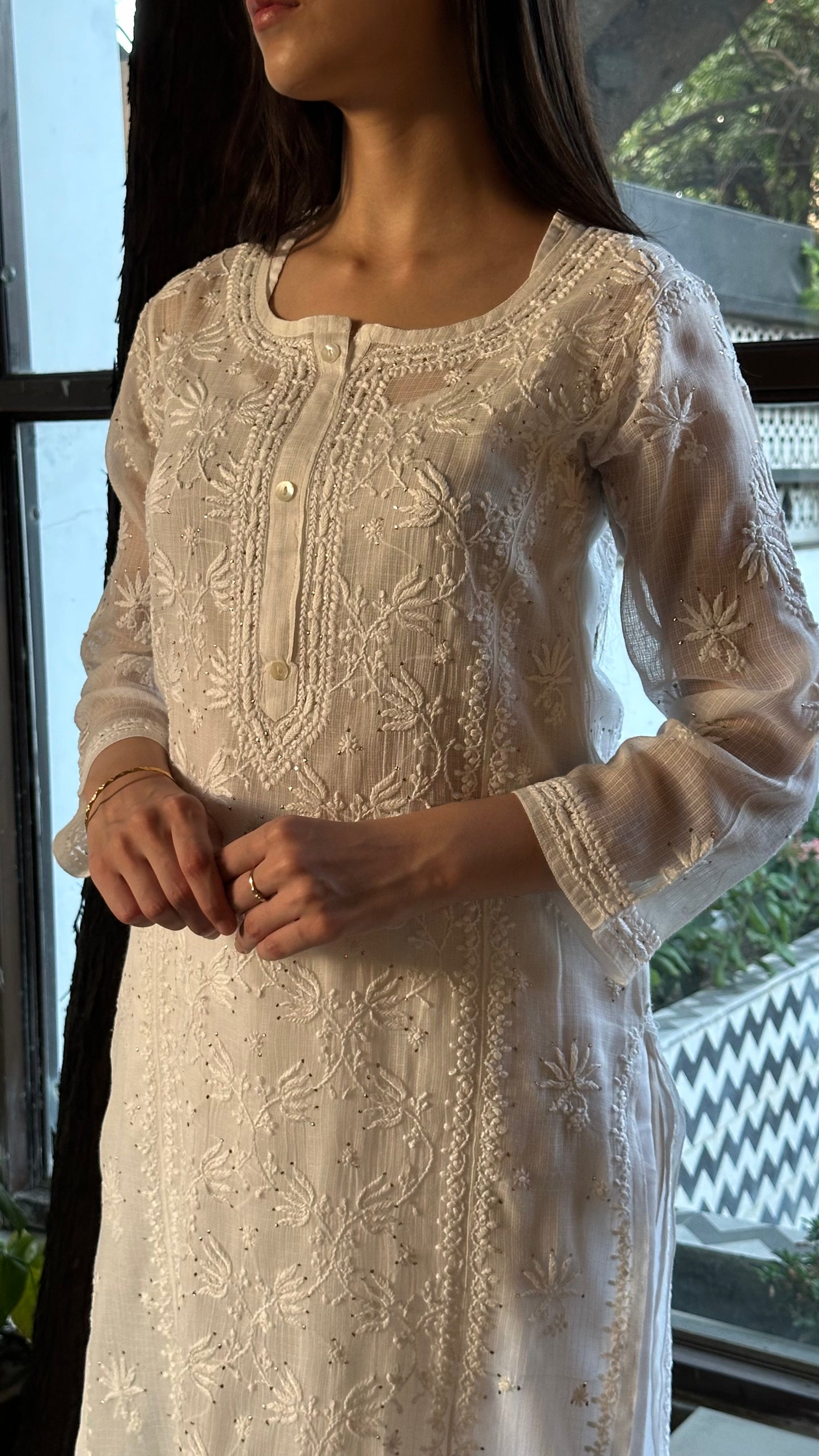 White Floral Kota Chikankari Ready To Wear Kurta