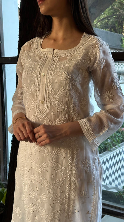 White Floral Kota Chikankari Ready To Wear Kurta