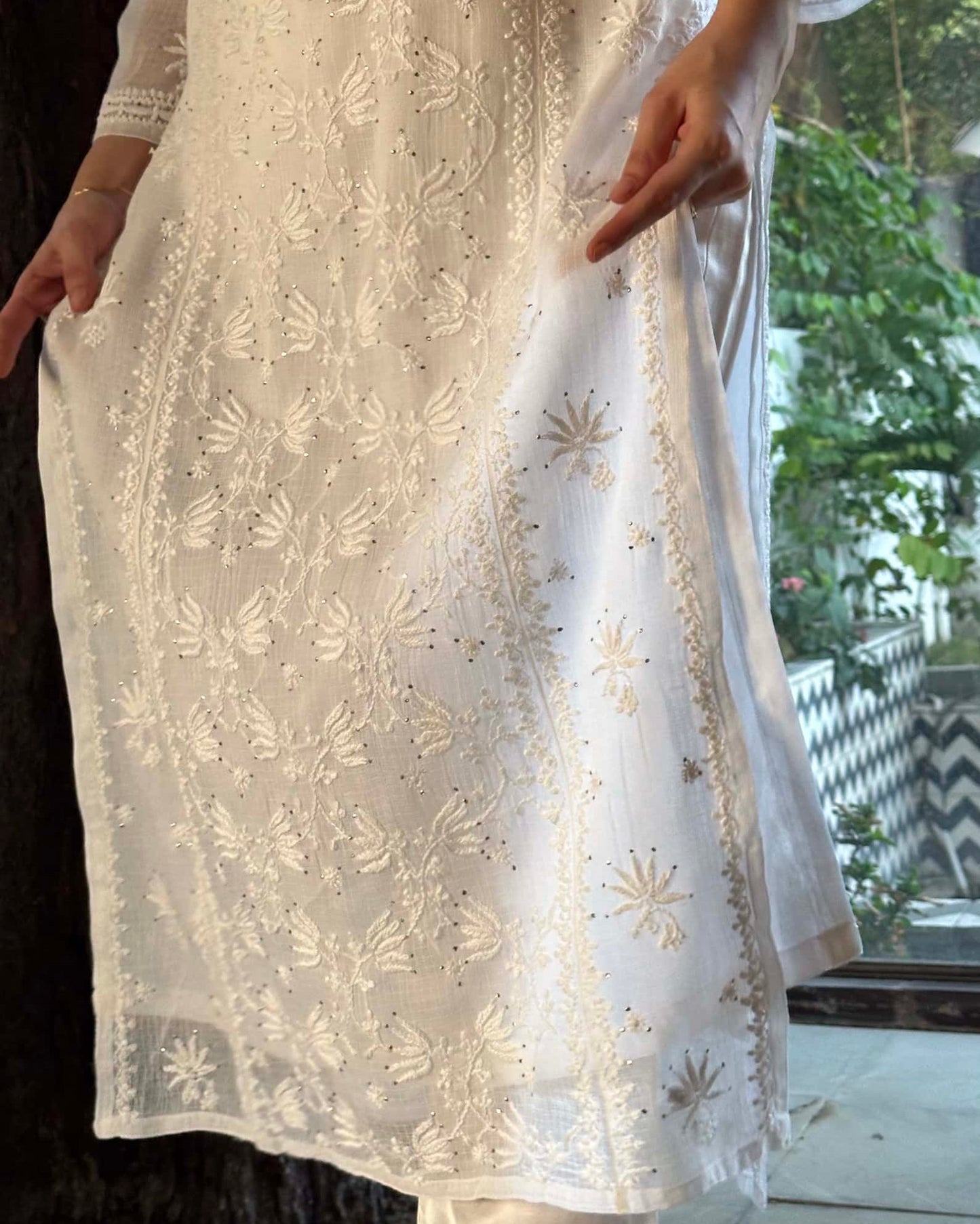 White Floral Kota Chikankari Ready To Wear Kurta