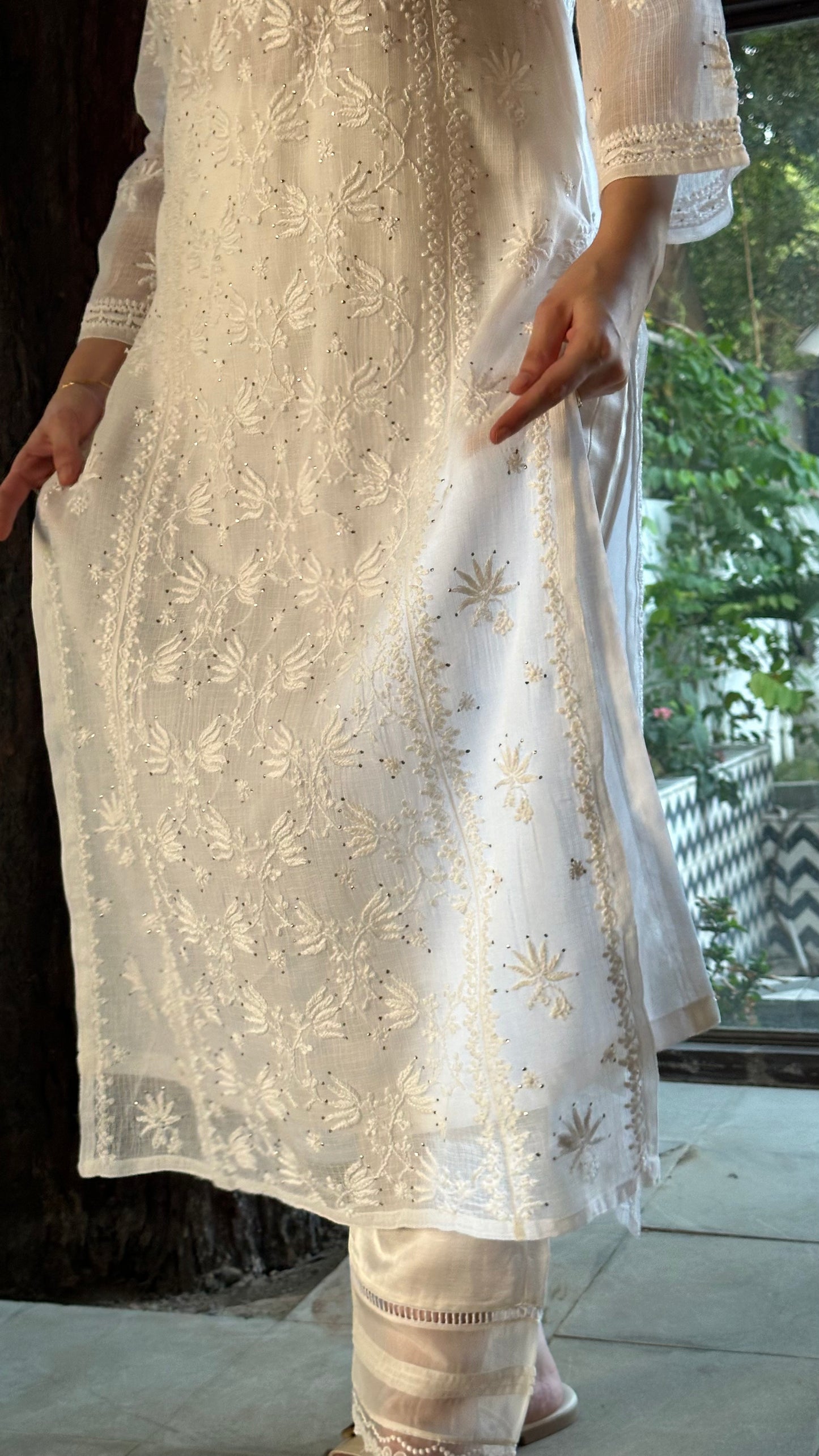 White Floral Kota Chikankari Ready To Wear Kurta