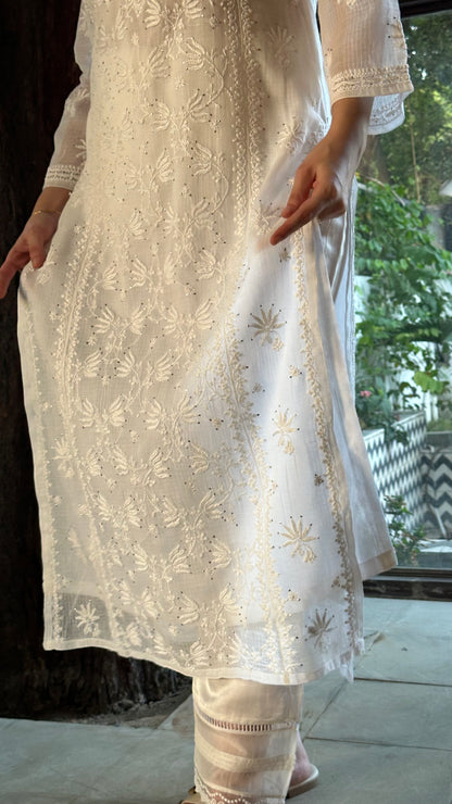 White Floral Kota Chikankari Ready To Wear Kurta