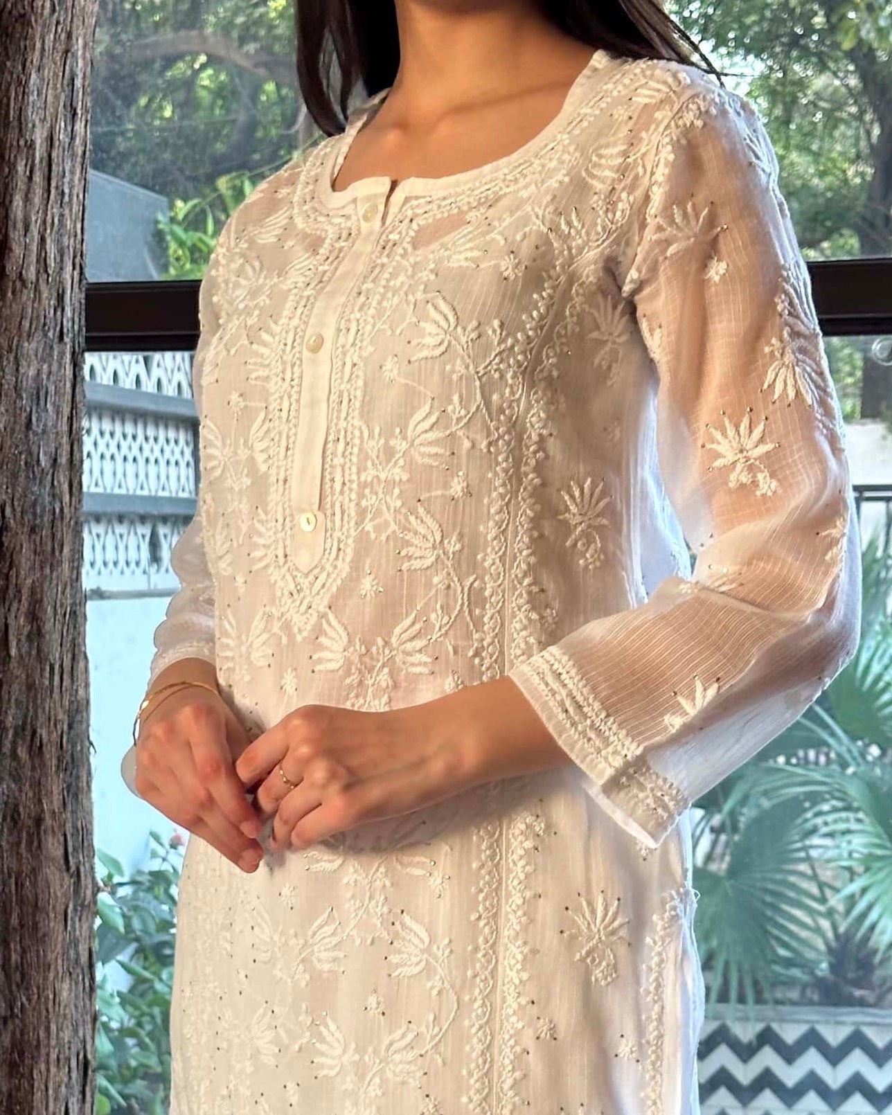 White Floral Kota Chikankari Ready To Wear Kurta