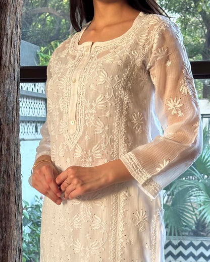 White Floral Kota Chikankari Ready To Wear Kurta
