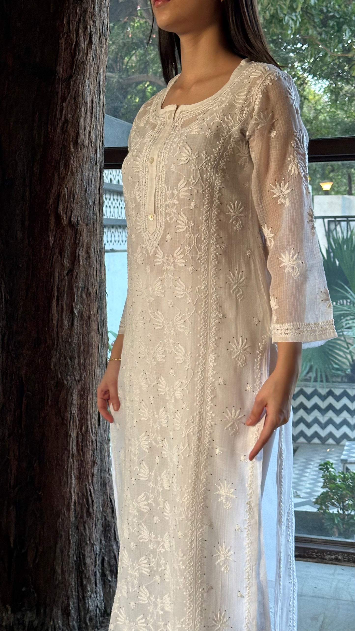 White Floral Kota Chikankari Ready To Wear Kurta