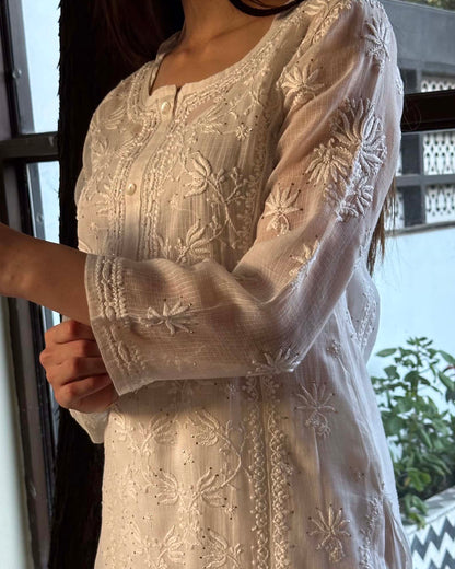 White Floral Kota Chikankari Ready To Wear Kurta