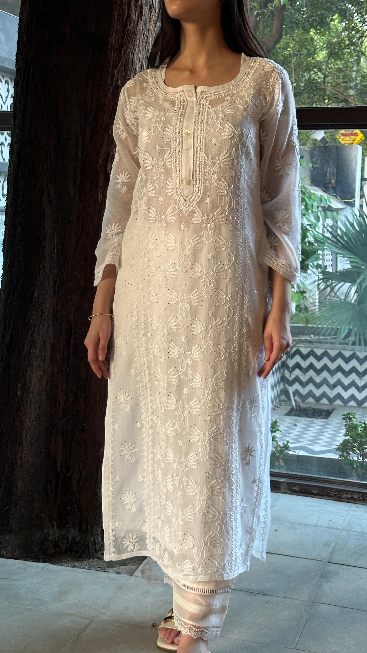 White Floral Kota Chikankari Ready To Wear Kurta
