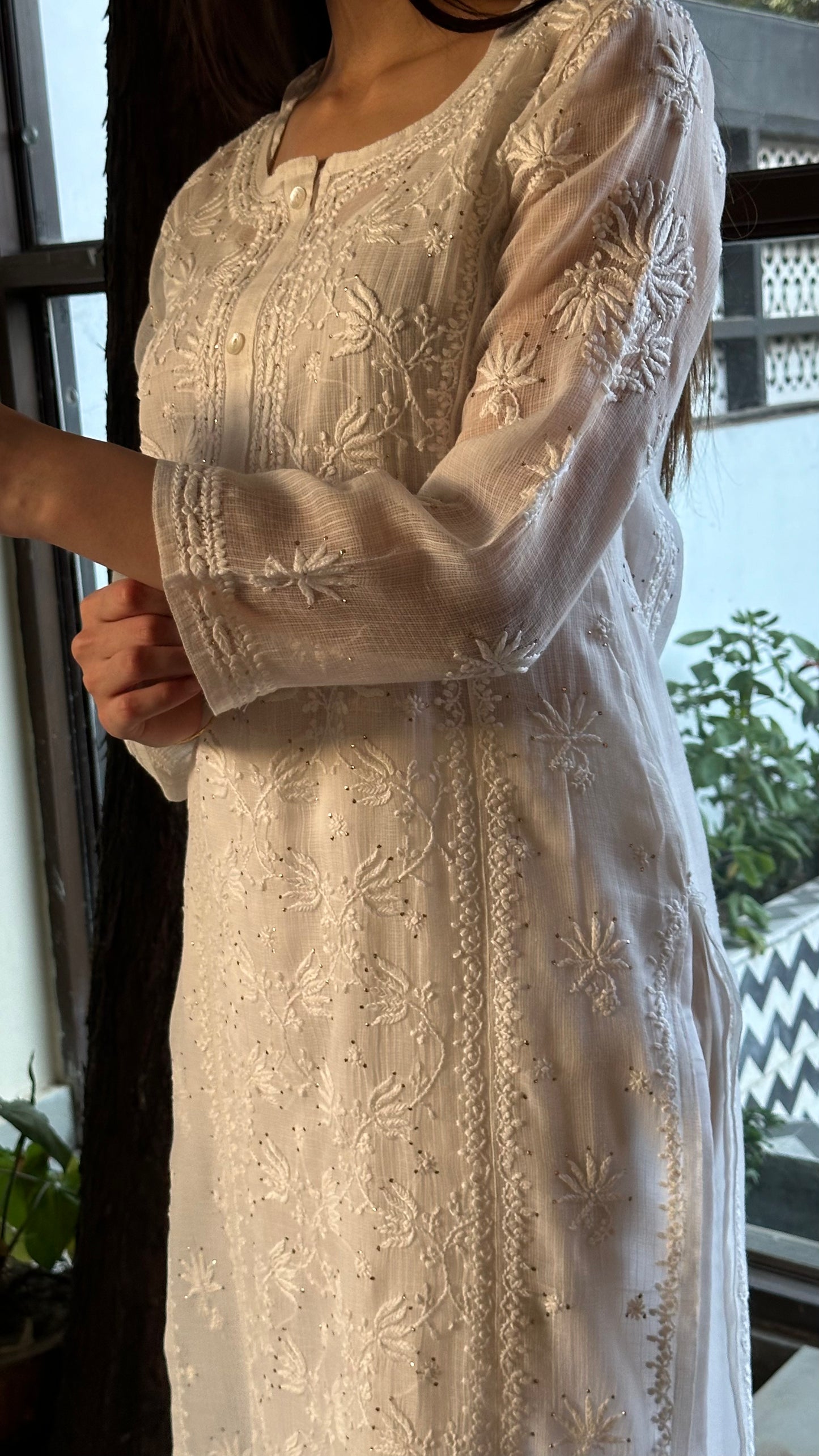 White Floral Kota Chikankari Ready To Wear Kurta