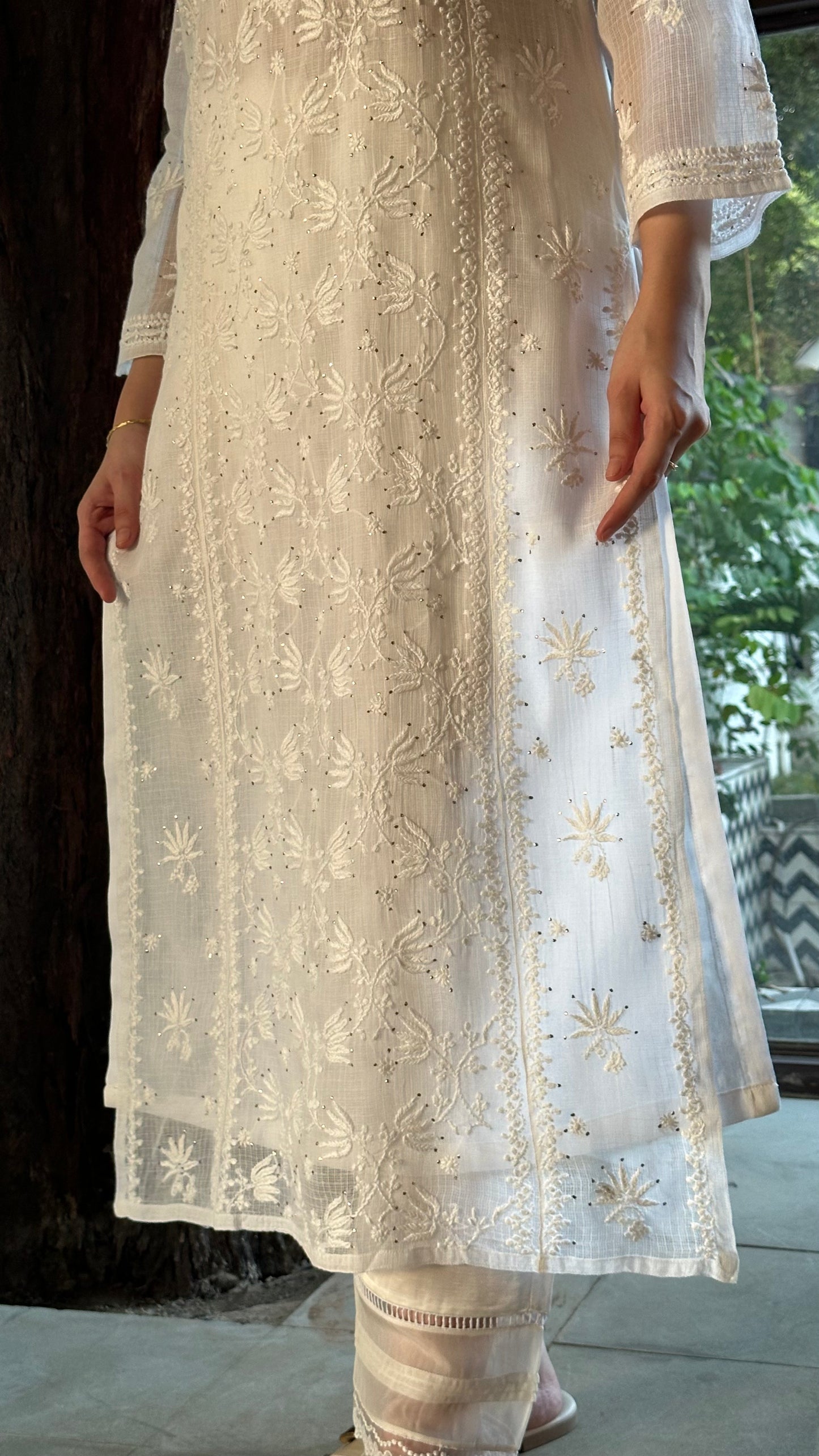 White Floral Kota Chikankari Ready To Wear Kurta