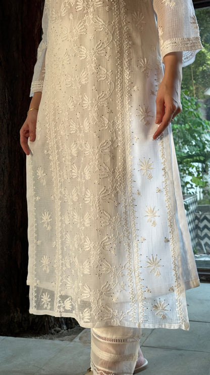 White Floral Kota Chikankari Ready To Wear Kurta