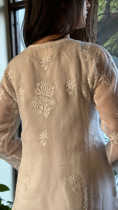 White Floral Kota Chikankari Ready To Wear Kurta